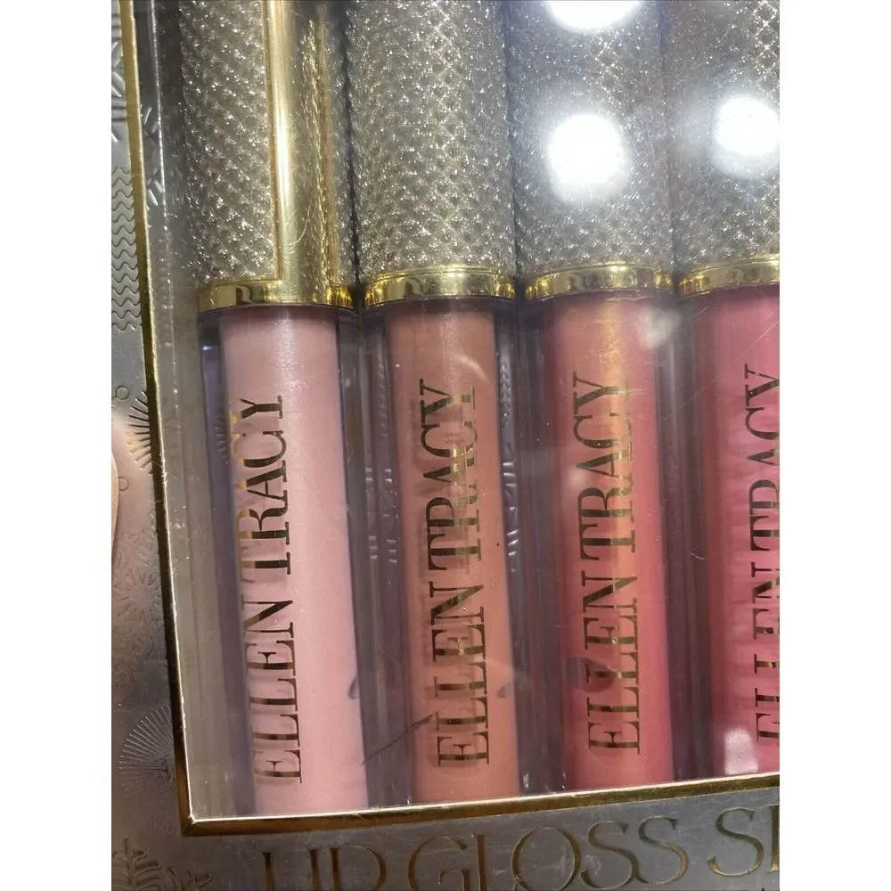 Ellen Tracy Lip Gloss Set 4pc‎ Each 0.10oz NIB Winter Pinks Snowflakes Diamonds